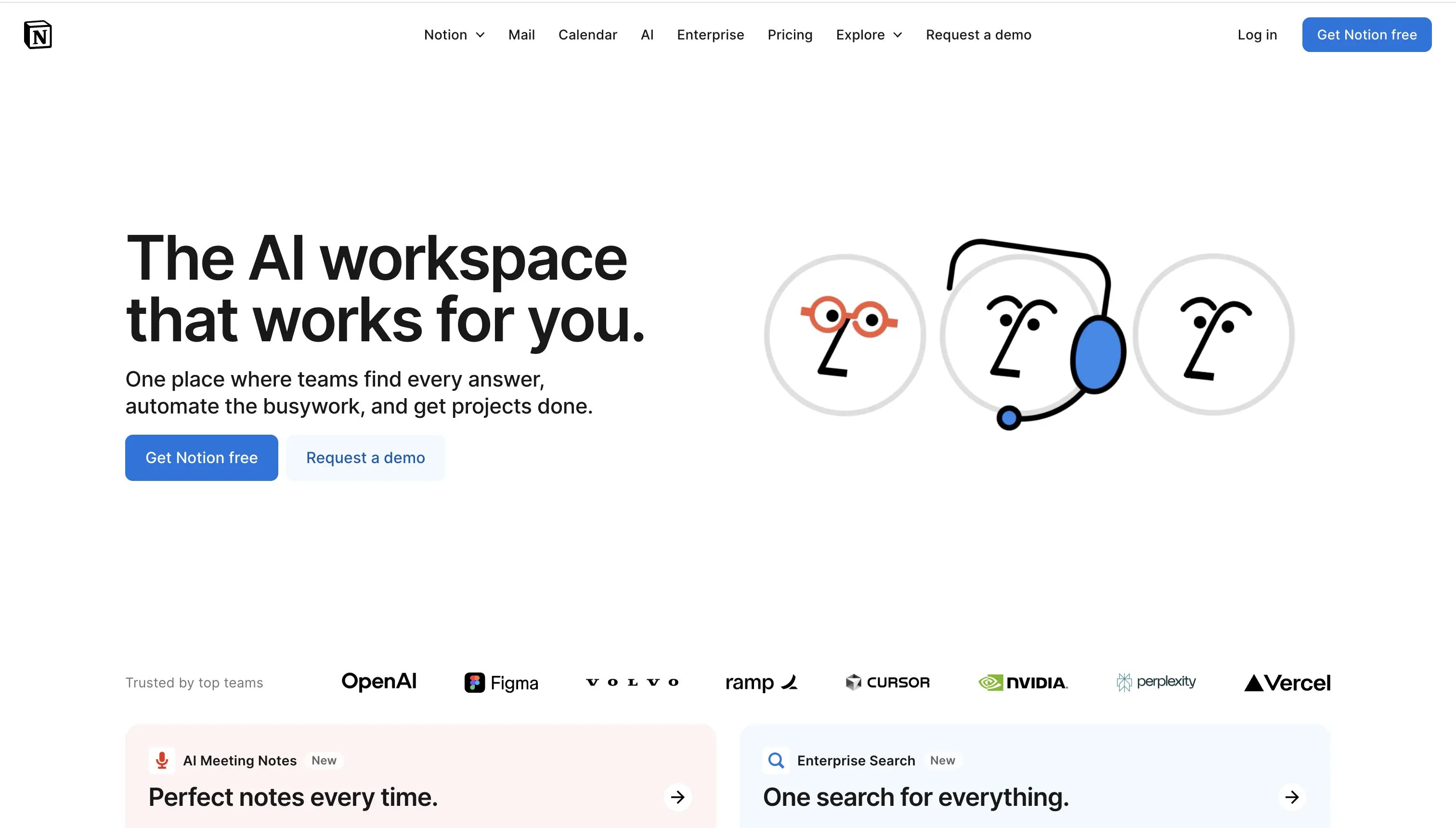 Notion AI landing page with headline 'The AI workspace that works for you,' subtext about automating busywork and completing projects, blue call-to-action buttons, illustrated face icons, and logos of companies using the tool.