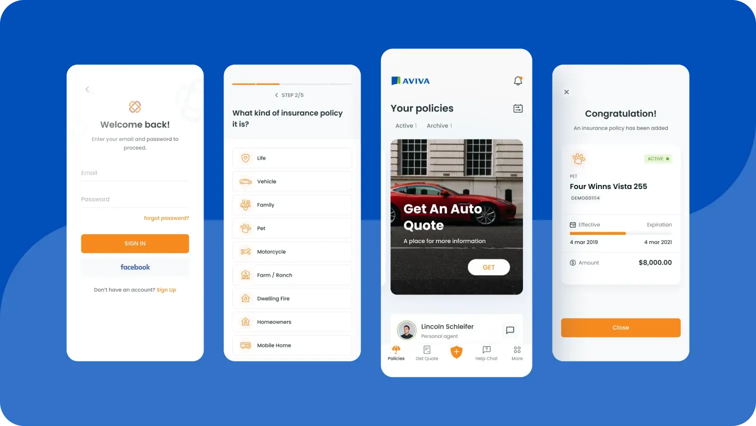 Mobile app UI mockup for an insurance platform shown in four screens: login page, insurance policy selection list, active policy dashboard with auto quote, and confirmation screen for adding a pet insurance policy. Design uses white backgrounds, orange accents, and minimal icons, displayed on a blue background.