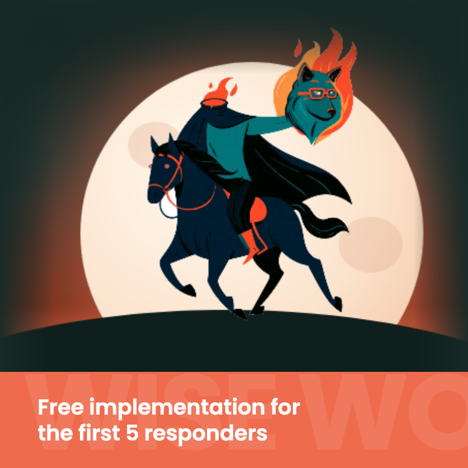 The Wise Wolves wolf as the Headless Horseman riding past a full moon. Free implementation for the first 5 responders.