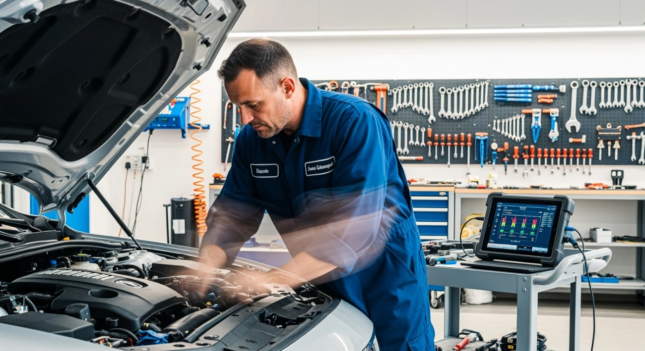 Mécanicien automobile indépendant professionnel travaillant sur un véhicule dans un garage moderne