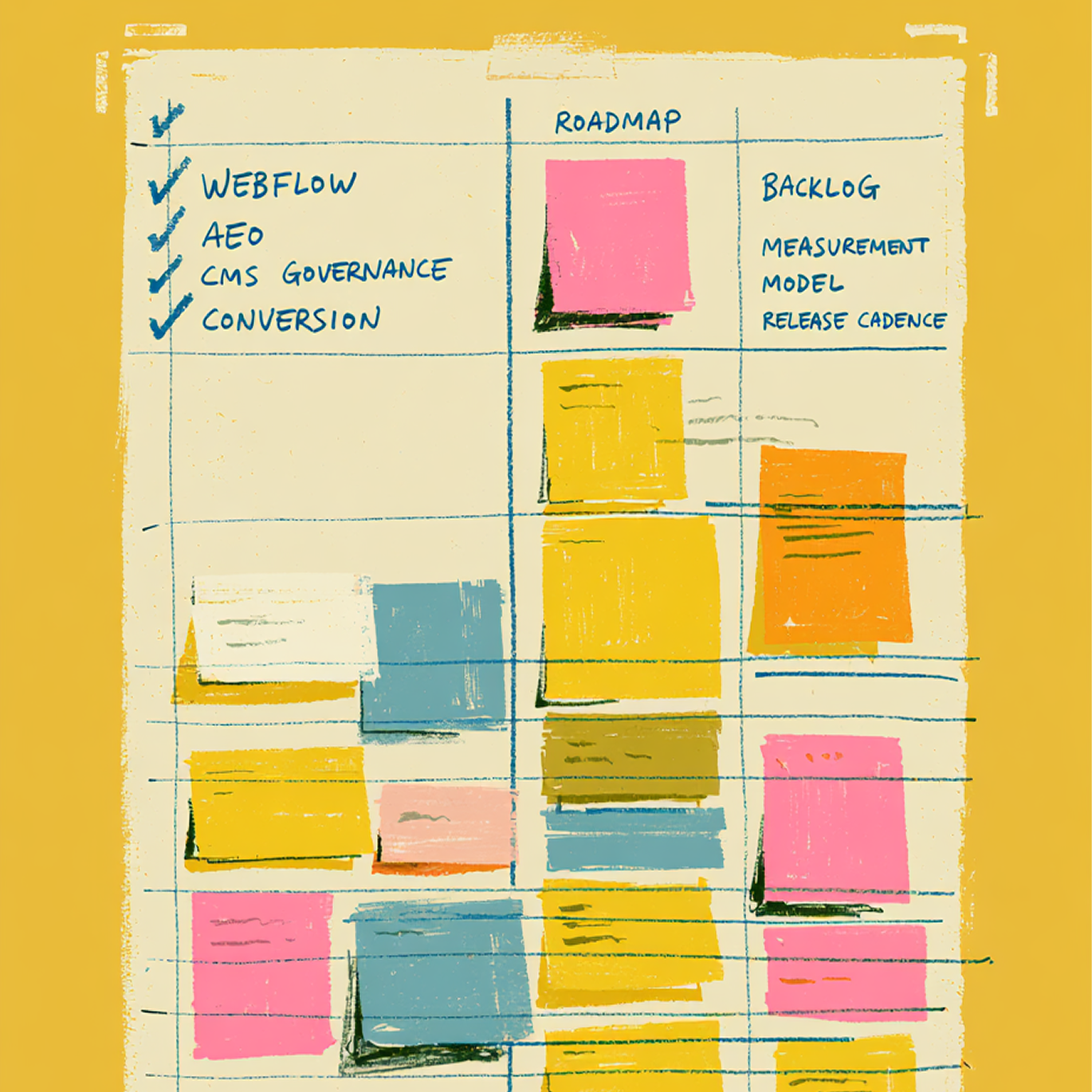 Illustration of an enterprise Webflow post-launch roadmap with backlog, AEO, CMS governance, measurement, and release cadence.