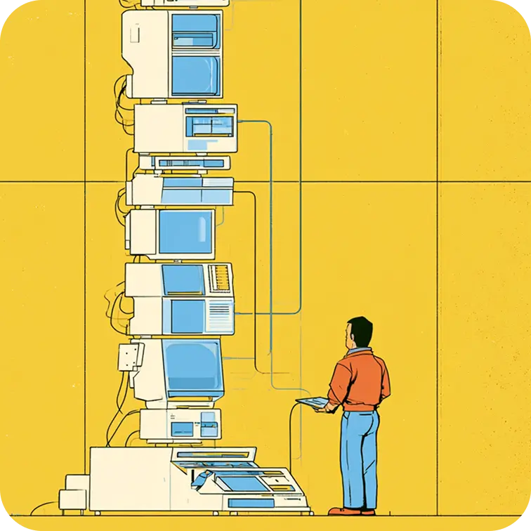 Marketing engineer operating a tower of wired-together computers from one tablet, scaling a marketing team beyond its headcount