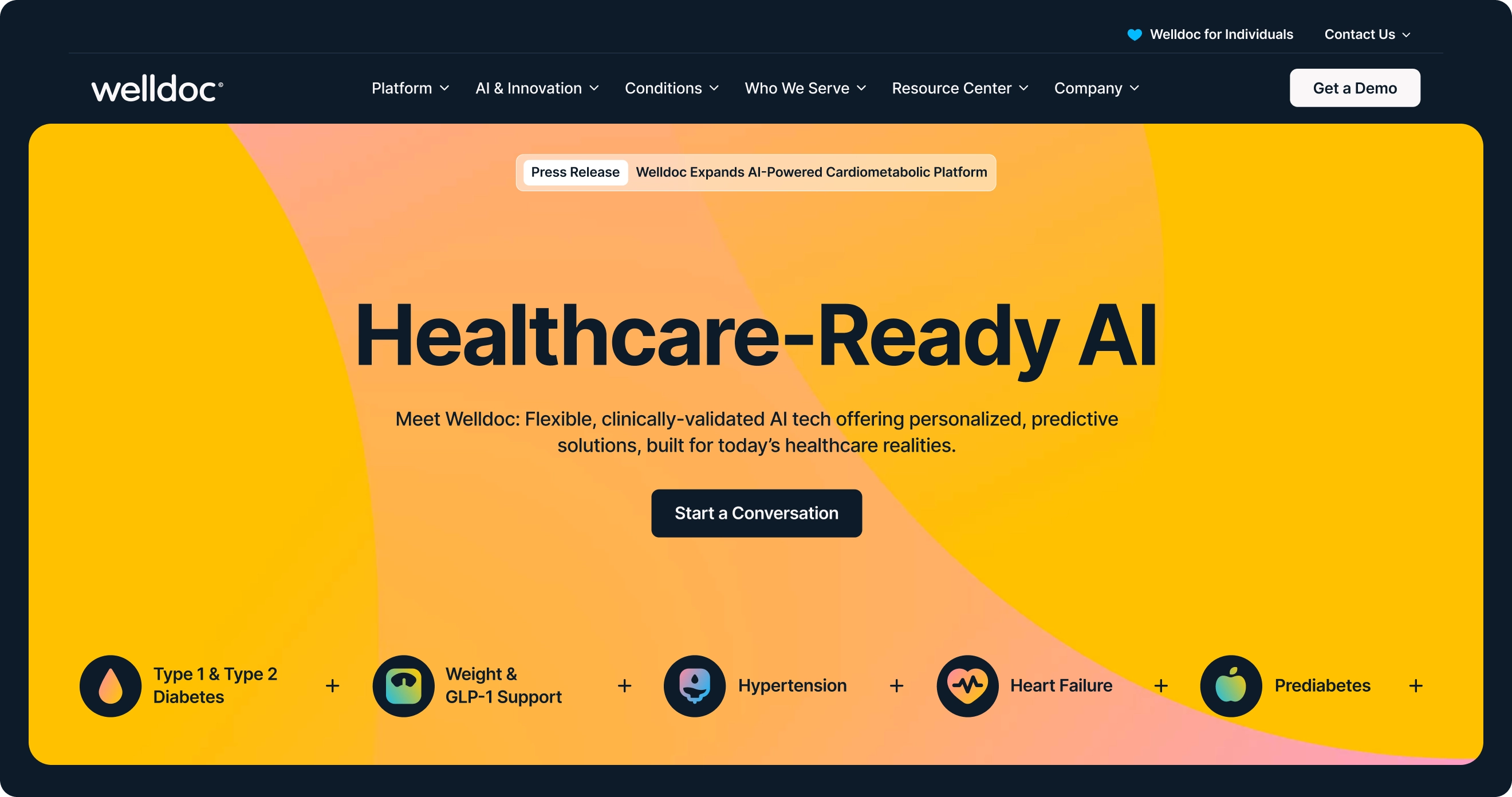 Welldoc homepage hero introducing the Healthcare-Ready AI category, with icons for diabetes, weight, hypertension and heart failure