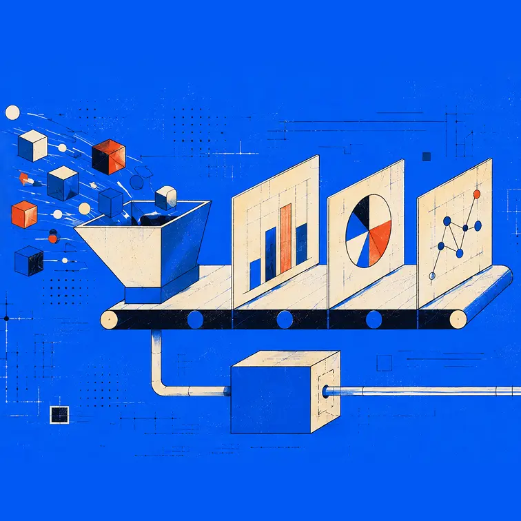Data cubes feeding a conveyor belt of bar, pie and node charts — grading customer beliefs by evidence in the BETS framework