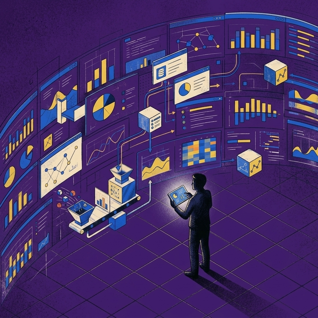 Illustrated marketer with a tablet facing a curved wall of dashboards and heatmaps feeding a Webflow CRO experiment