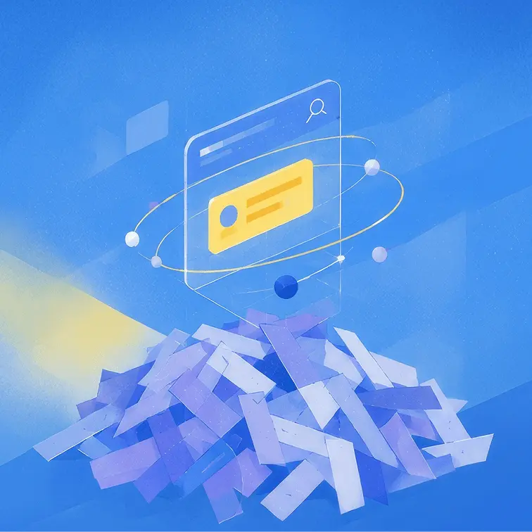 Illustration of a search result card lit above a pile of shredded generic homepage copy, one claim highlighted in yellow