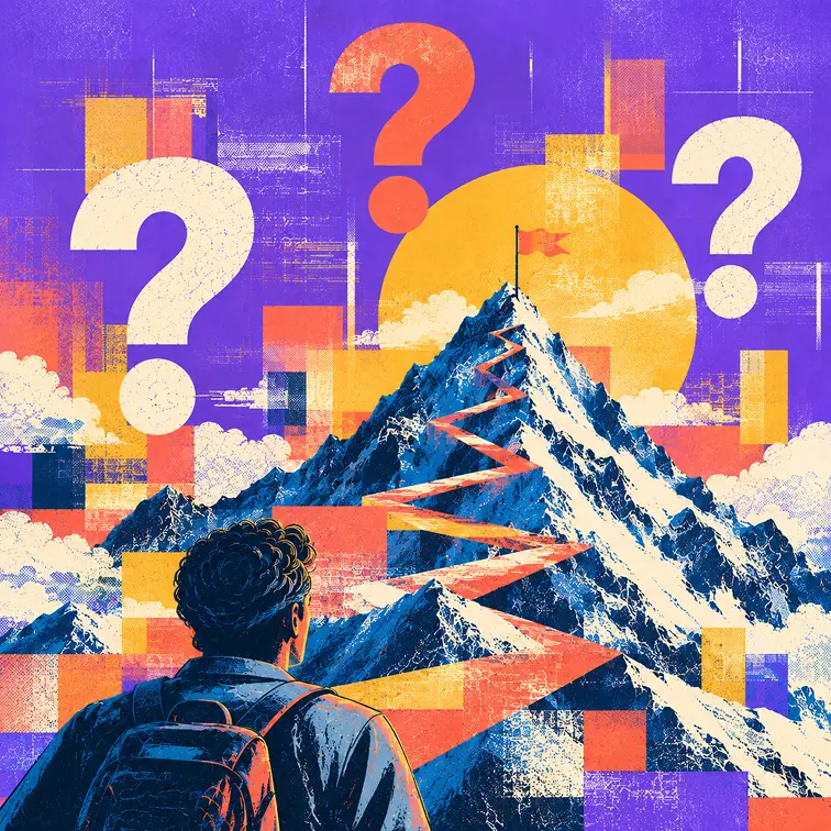 Illustrated hiker facing three question marks and a flagged summit on Edgar Allan's three-question brand test for AI search