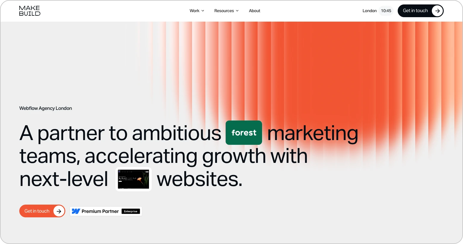 MakeBuild Webflow agency homepage: "A partner to ambitious marketing teams, accelerating growth with next-level websites"