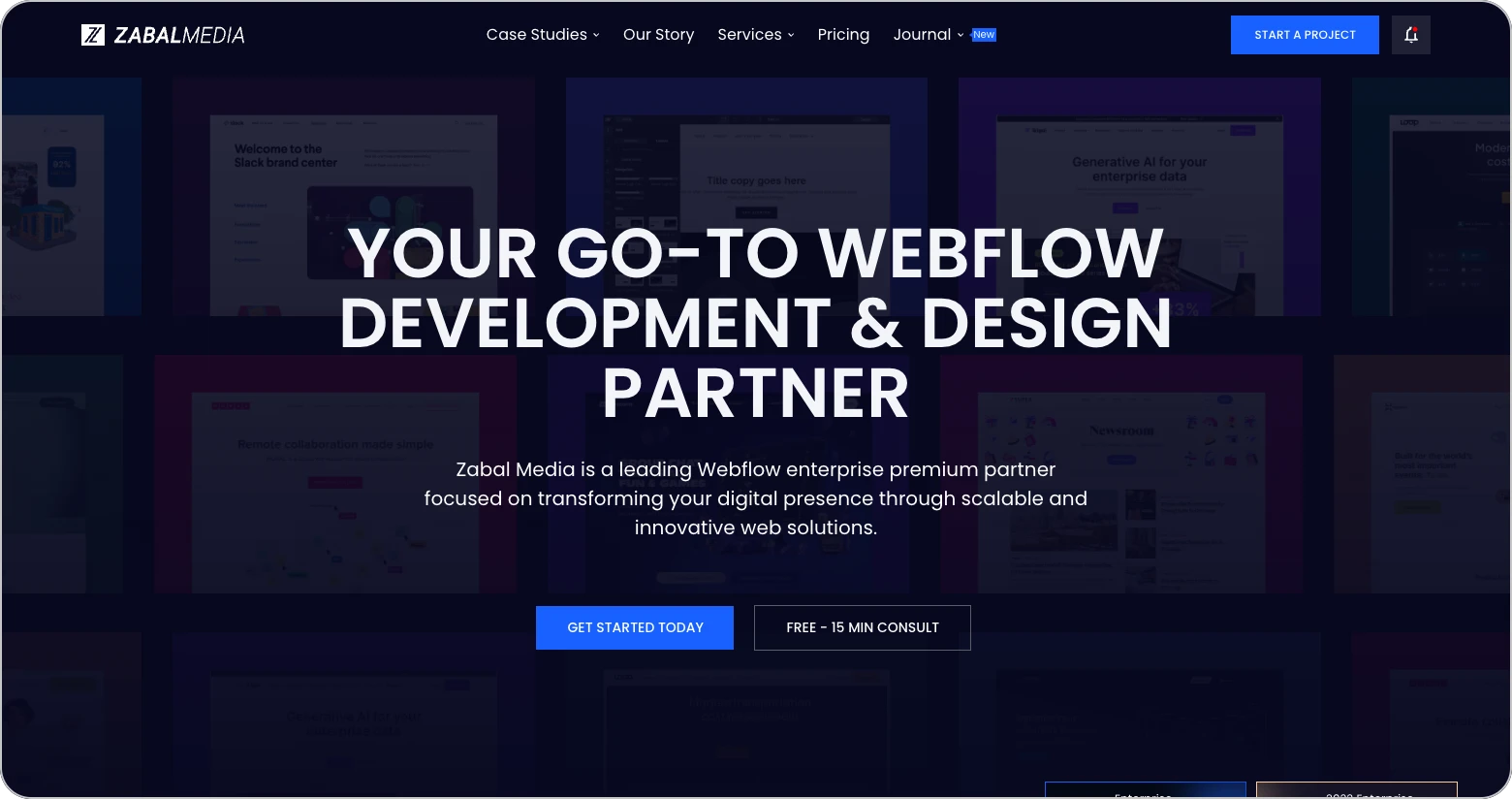 Zabal Media homepage with the headline "Your go-to Webflow development & design partner" over client website previews