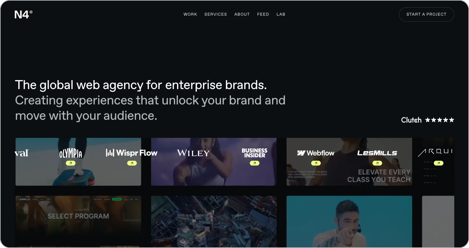 N4 Studio homepage: "The global web agency for enterprise brands" above Wiley, Business Insider and Les Mills logos