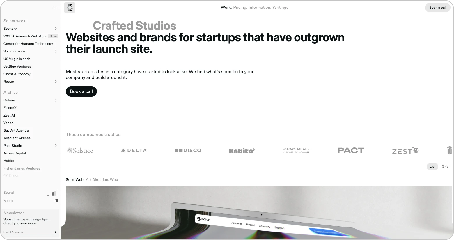 Crafted Studios homepage: "Websites and brands for startups that have outgrown their launch site" above Delta and Disco logos