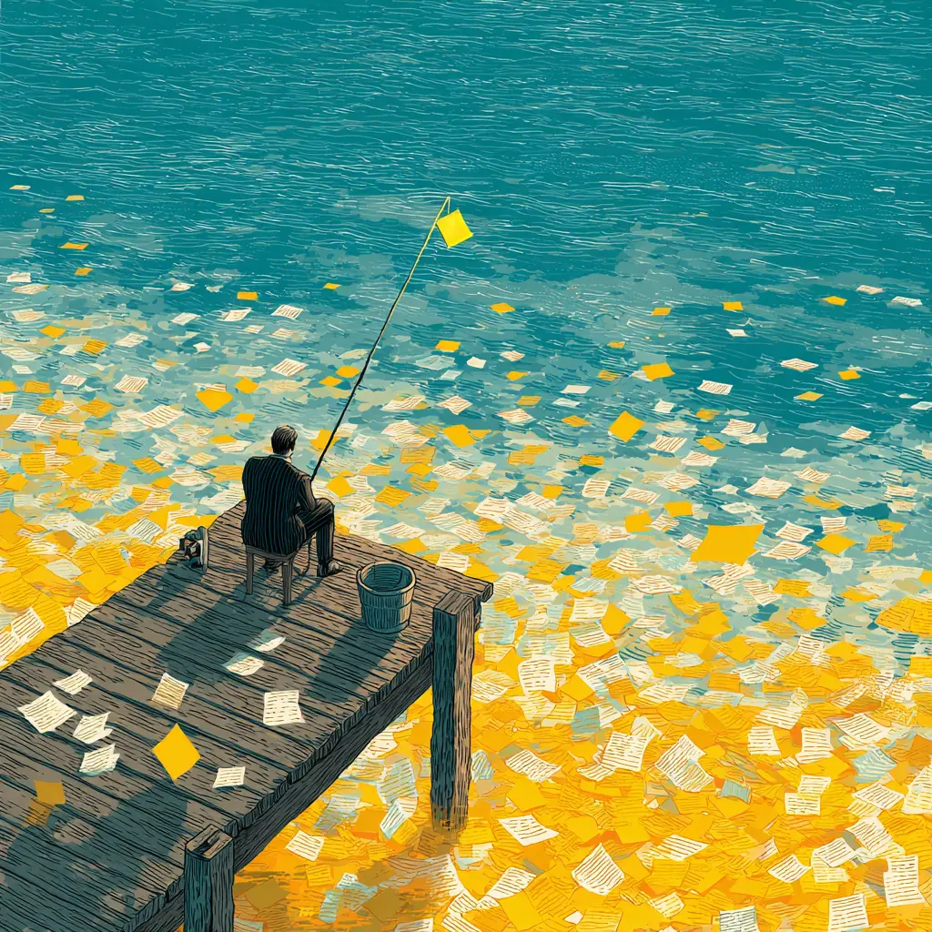 Illustrated businessman fishing from a wooden pier, catching brand stories from water covered in yellow and white paper notes