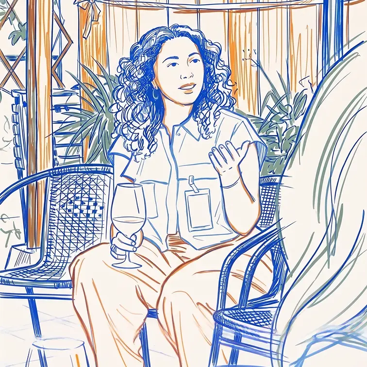 Illustrated attendee gesturing mid-conversation, wine glass in hand, at Edgar Allan's marketing operators event