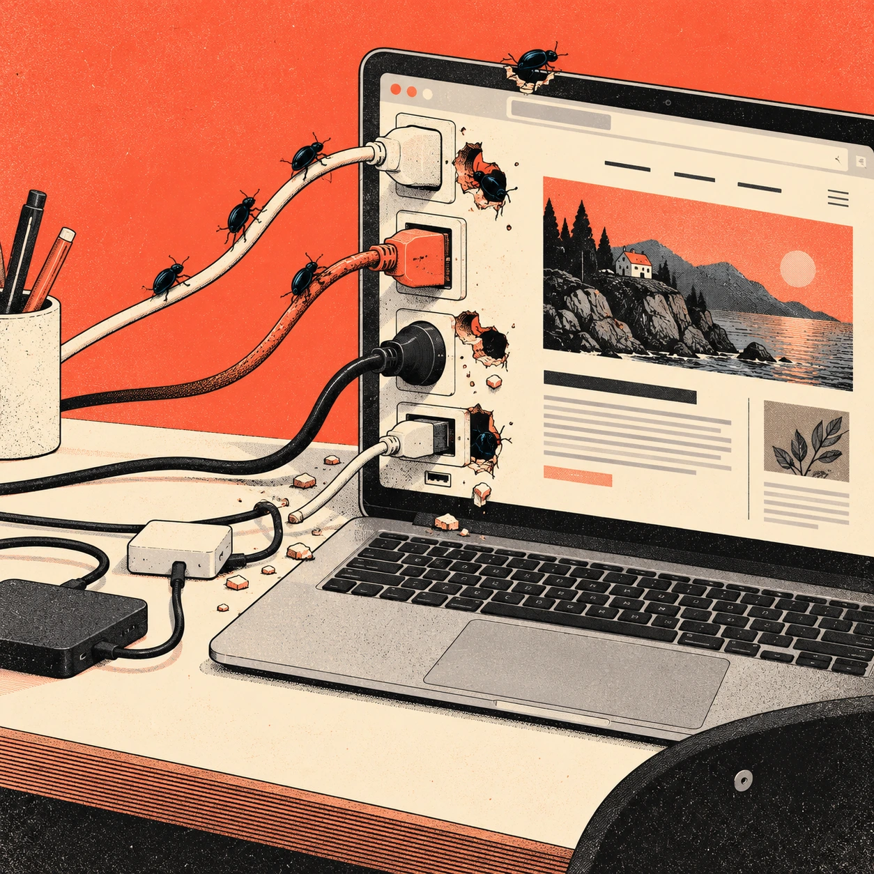 Illustrated beetles gnaw holes around the plug-in sockets of a laptop, picturing WordPress security vulnerabilities
