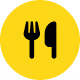 Icône de fourchette et couteau noirs sur fond jaune rond.