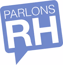 Logo avec une bulle de dialogue contenant le texte « PARLONS RH » en blanc sur fond bleu.