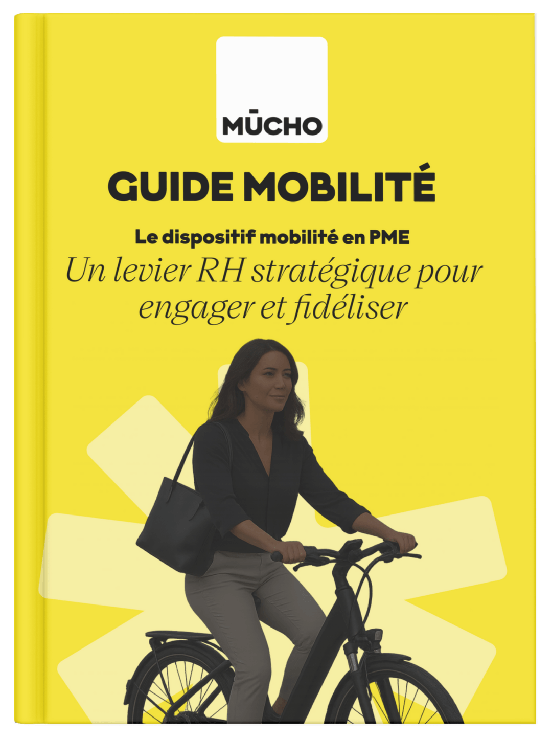 Couverture jaune d'un guide mobilité avec une femme à vélo portant un sac noir, logo MUCHO en haut.
