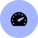 Icône d'un compteur ou jauge de vitesse blanc sur un cercle violet clair.