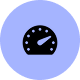 Icône d'un compteur ou jauge de vitesse blanc sur un cercle violet clair.