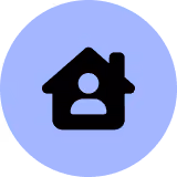 Icône noire de maison avec une silhouette de personne au centre sur fond bleu violet.