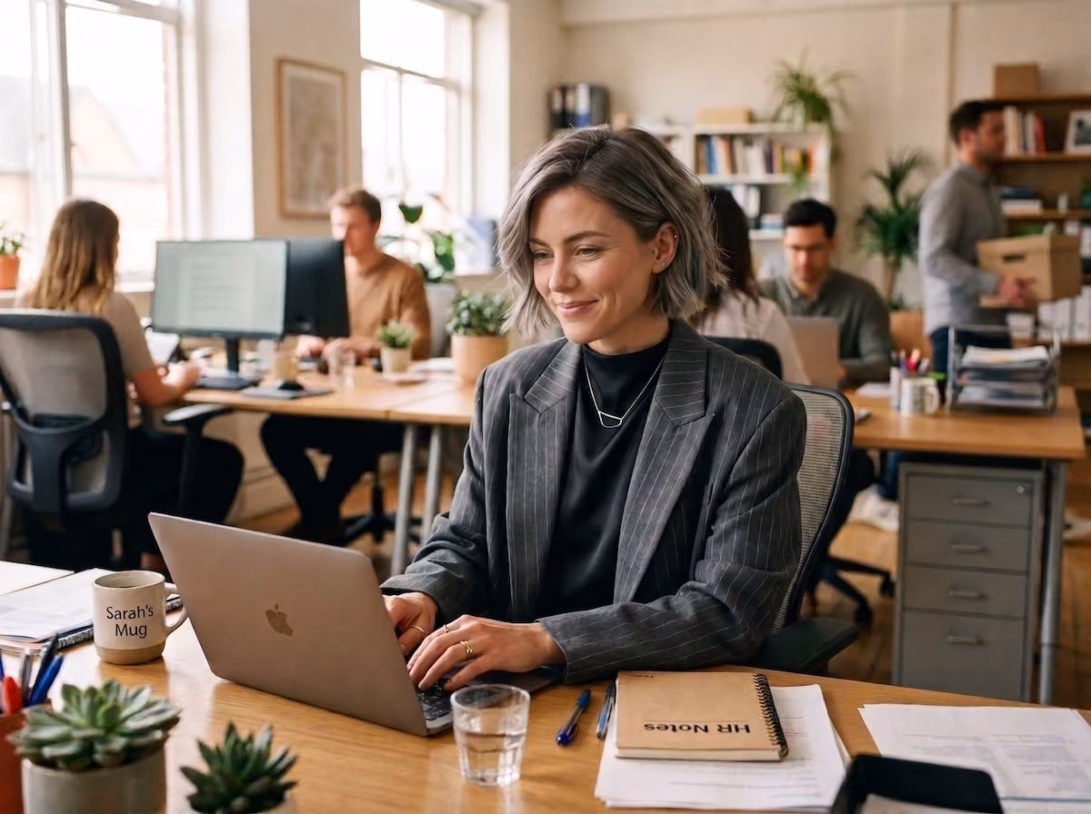 Femme souriante travaillant sur un ordinateur portable à un bureau avec collègues en arrière-plan.