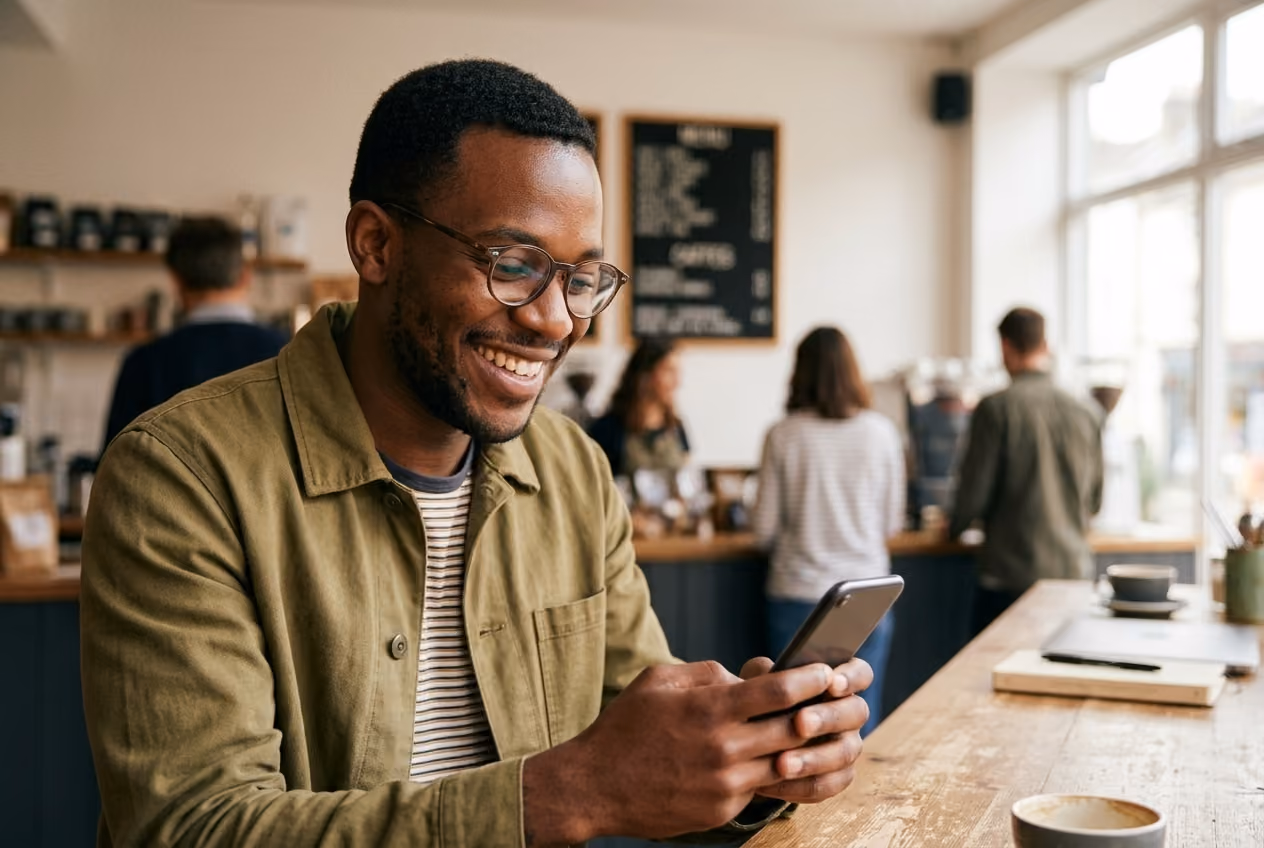 Un homme souriant avec des lunettes utilise un smartphone dans un café lumineux avec des clients en arrière-plan.