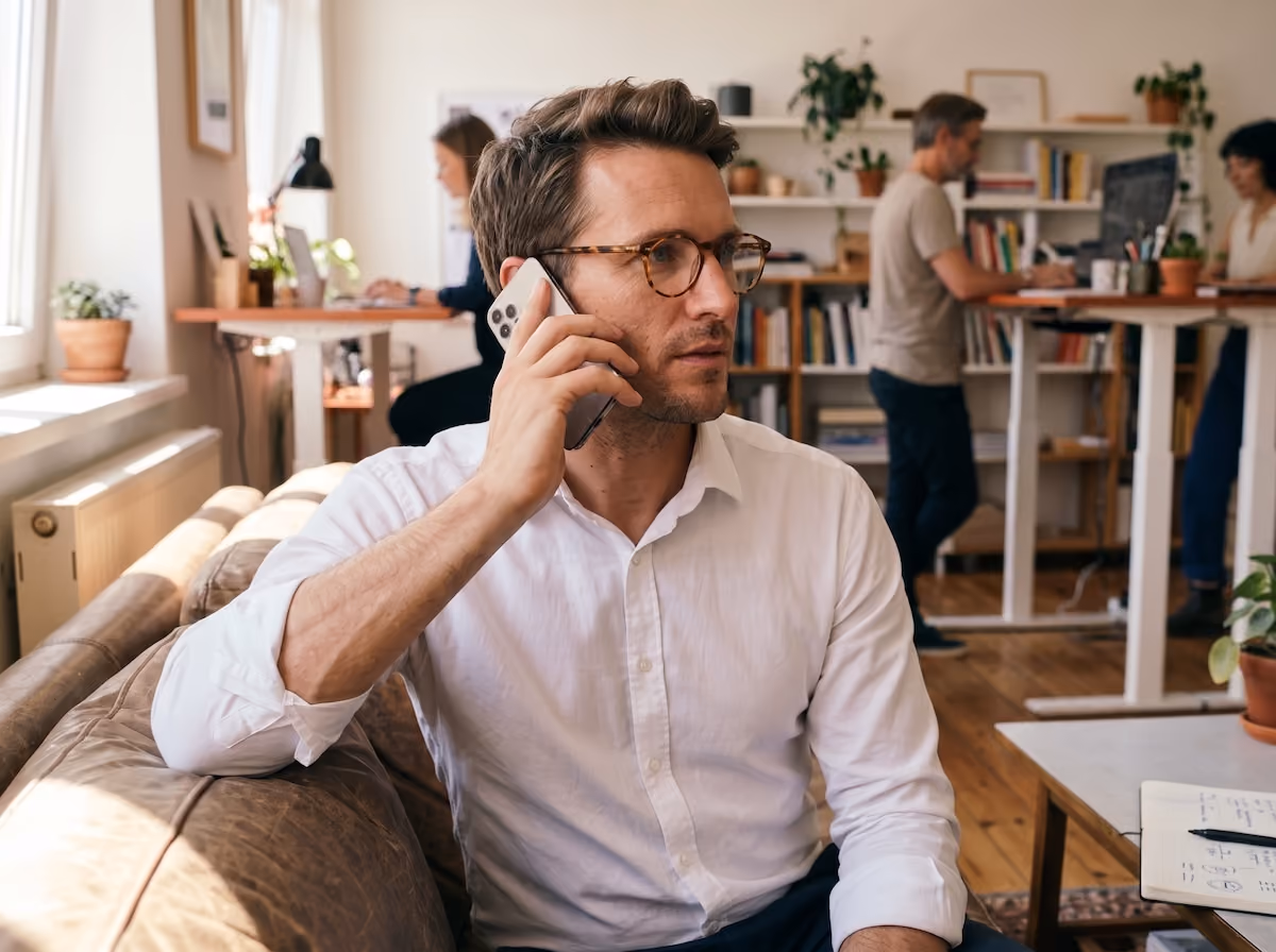 Homme portant une chemise blanche et des lunettes parlant au téléphone dans un bureau partagé moderne.
