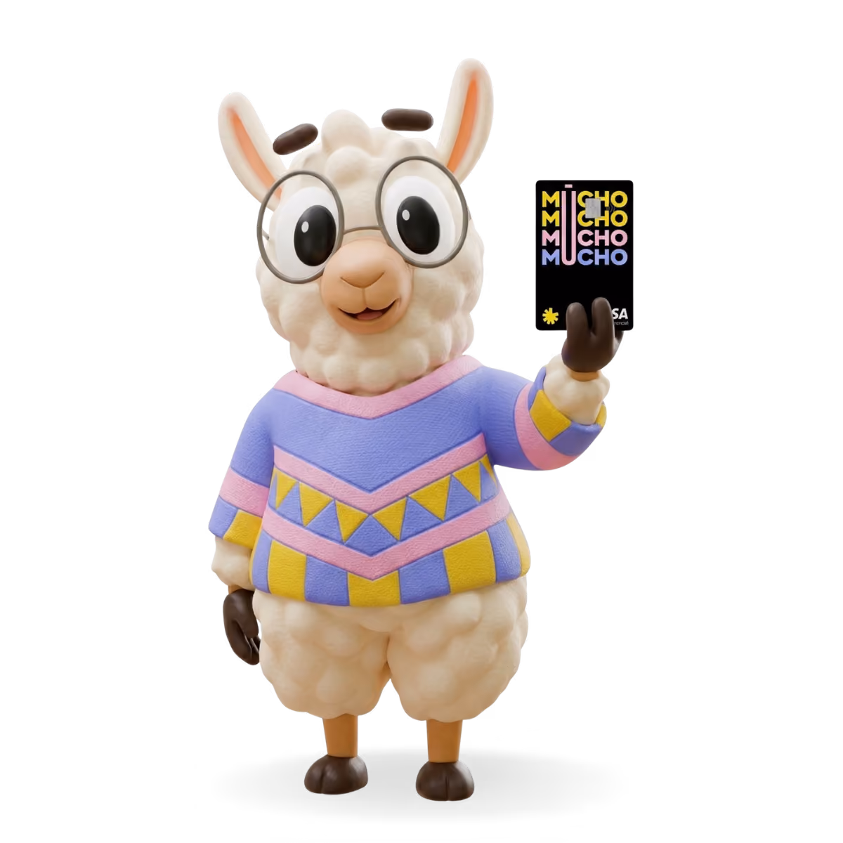 Un lama souriant en pull coloré tenant une carte noire avec du texte multicolore.