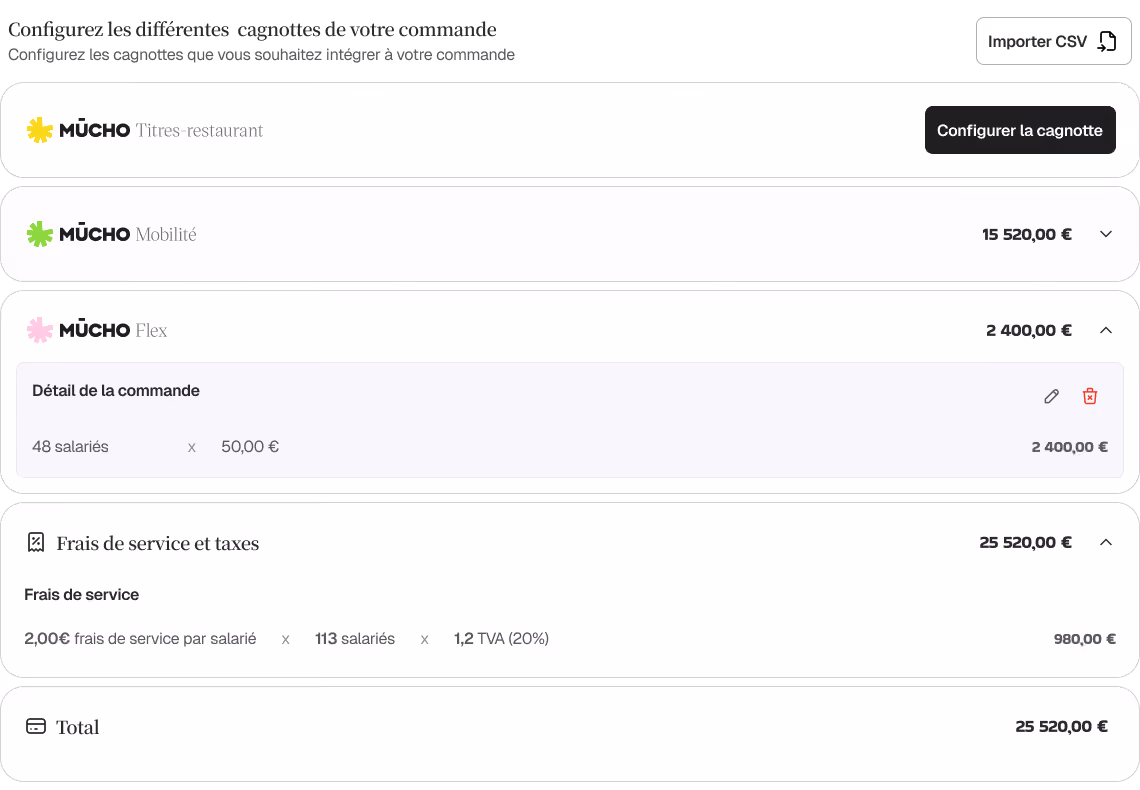 Résumé de commande Mucho avec titres-restaurant, mobilité, flex, frais de service et total en euros.
