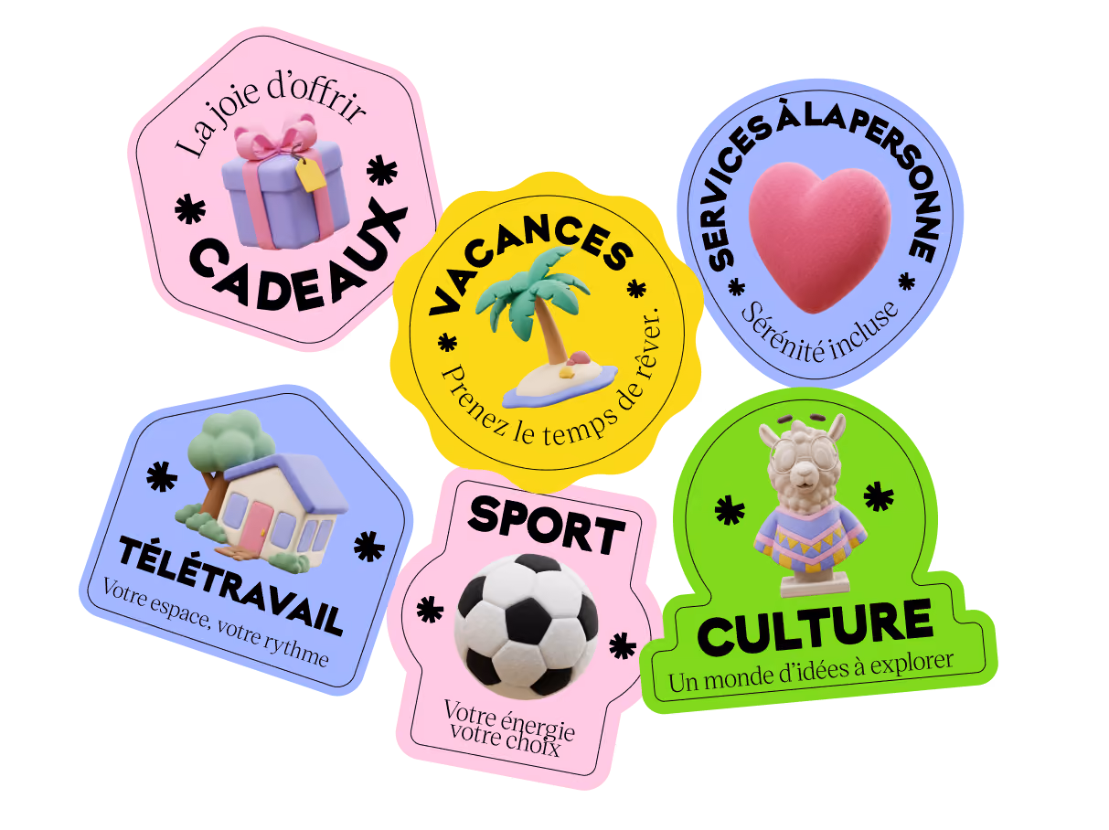 Stickers with French words for gifts, vacations, personal services, telework, sport, and culture with related icons.