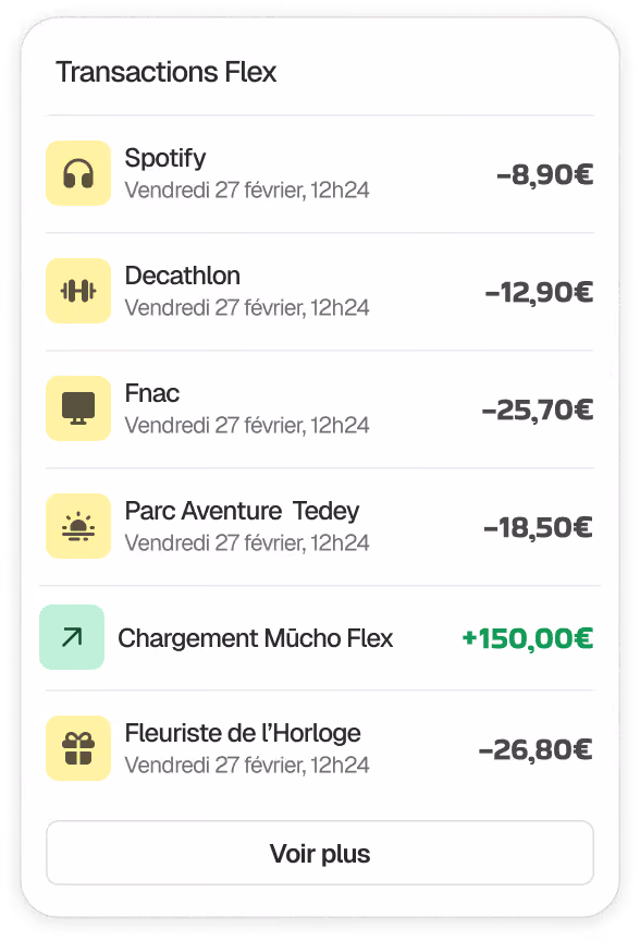 Liste de transactions Flex avec dépenses et un rechargement de 150€ en date du vendredi 27 février.