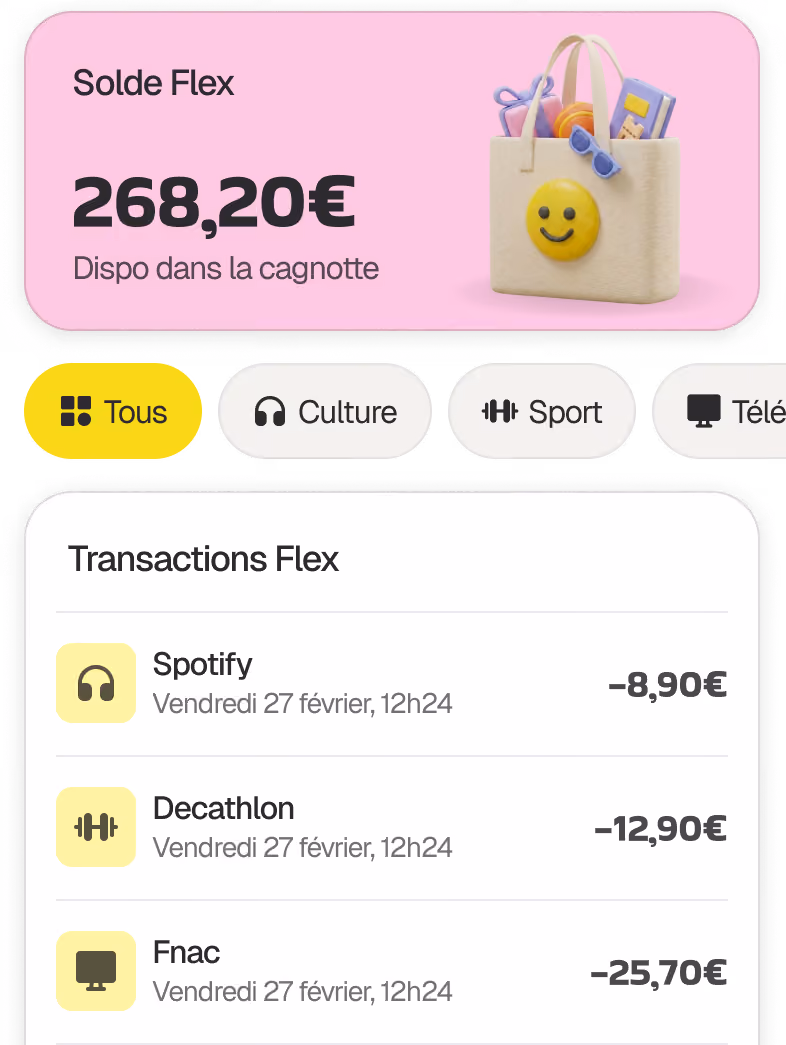 Solde Flex 268,20 € disponible, liste de transactions avec Spotify et Decathlon et onglets de catégories.