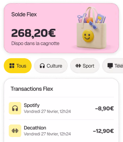 Solde Flex 268,20 € disponible, liste de transactions avec Spotify et Decathlon et onglets de catégories.