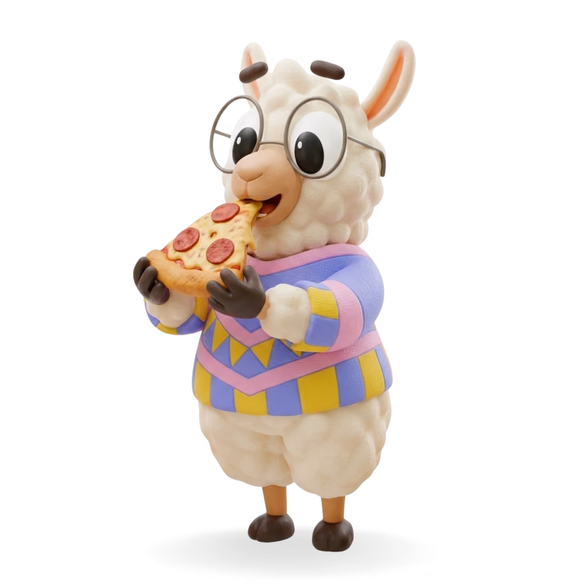 Un lama animé portant des lunettes et un pull coloré mange une tranche de pizza pepperoni.