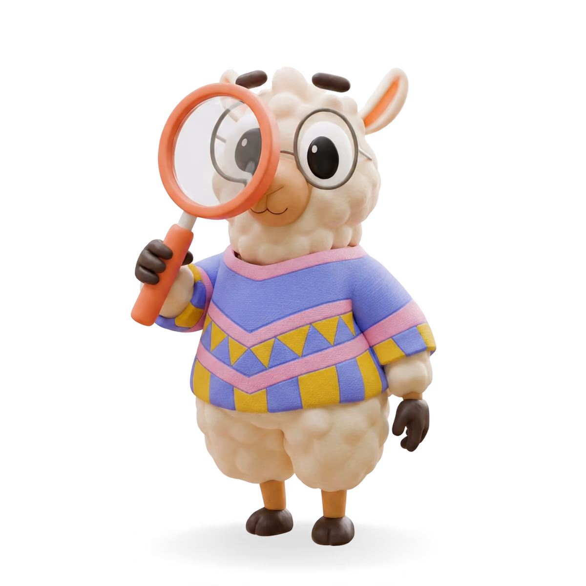 Un lama cartoon en pull coloré tient une loupe devant un œil avec un fond noir.