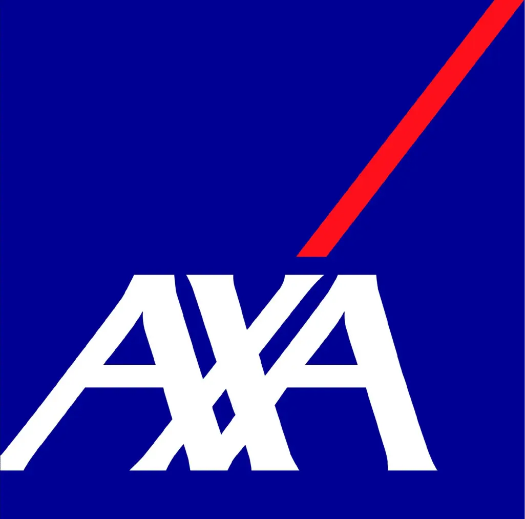 AXA company logo with white letters on a blue background and a red diagonal line crossing the top right.
