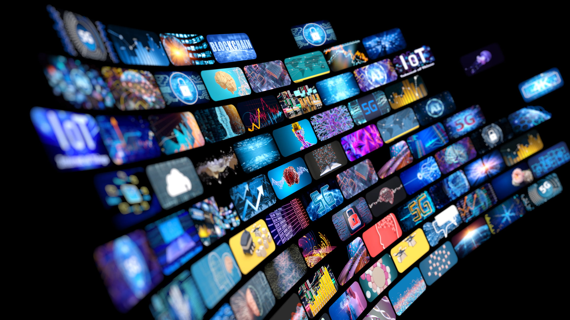 A wall of screens showing digital media