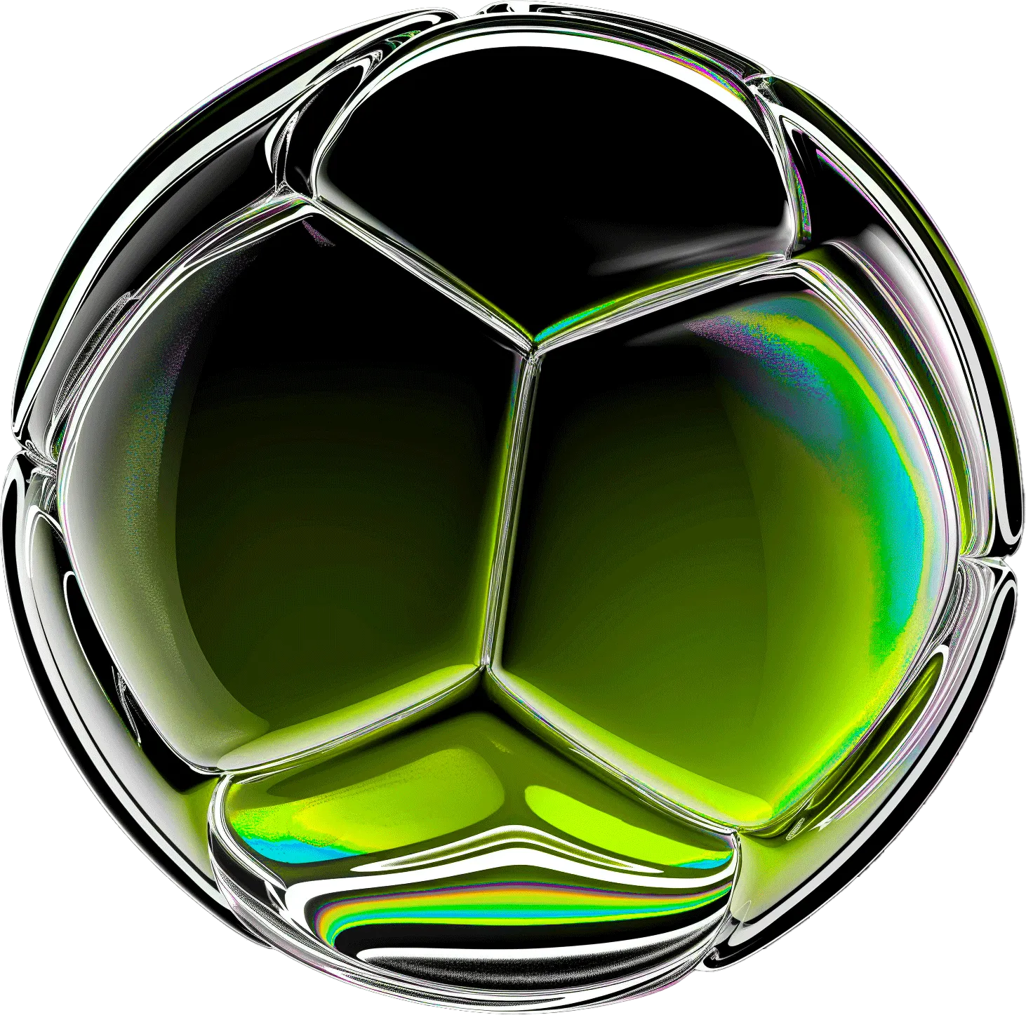 Ballon de football en 3D chromée irisée sur fond noir