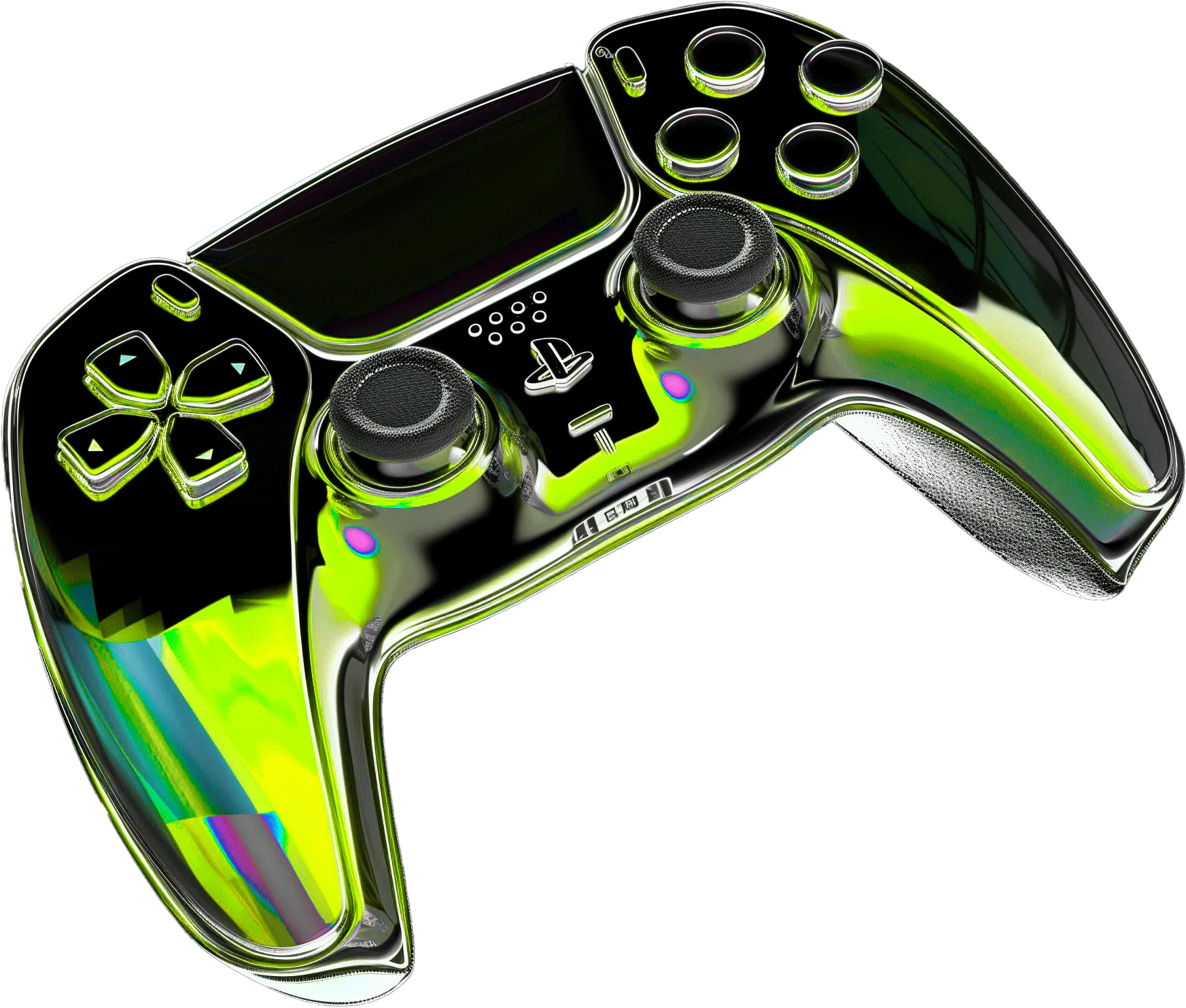 Manette de jeu en 3D chromée irisée, illustrant le pôle esport du studio