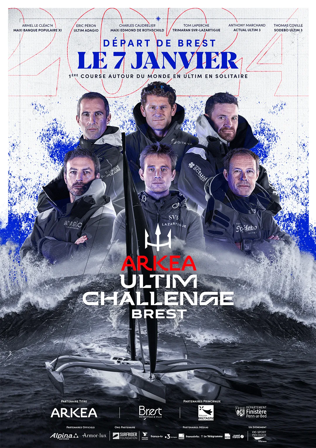Affiche officielle de l'Arkea Ultim Challenge, départ de Brest le 7 janvier, skippers et trimarans