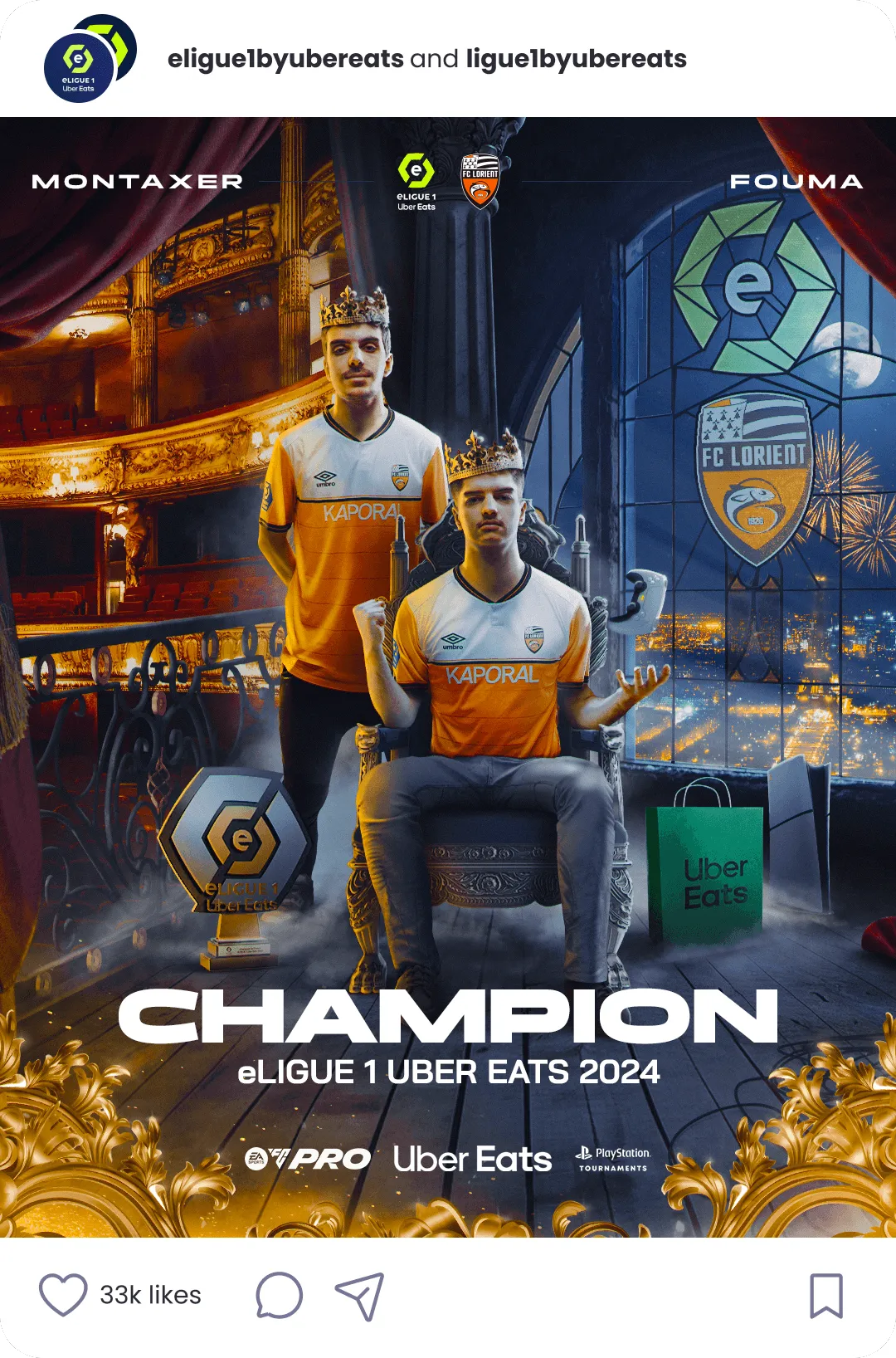 Publication Instagram sacrant Montaxer champion de la eLigue 1 by Uber Eats 2024