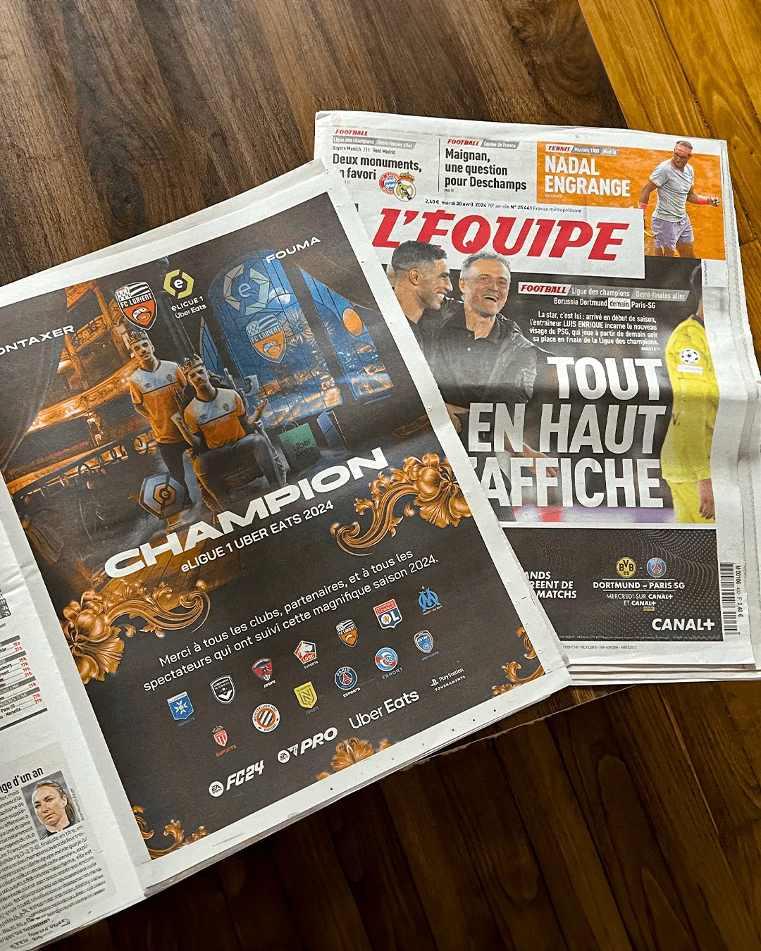 Pleine page du journal L'Équipe consacrée au champion de la eLigue 1 by Uber Eats