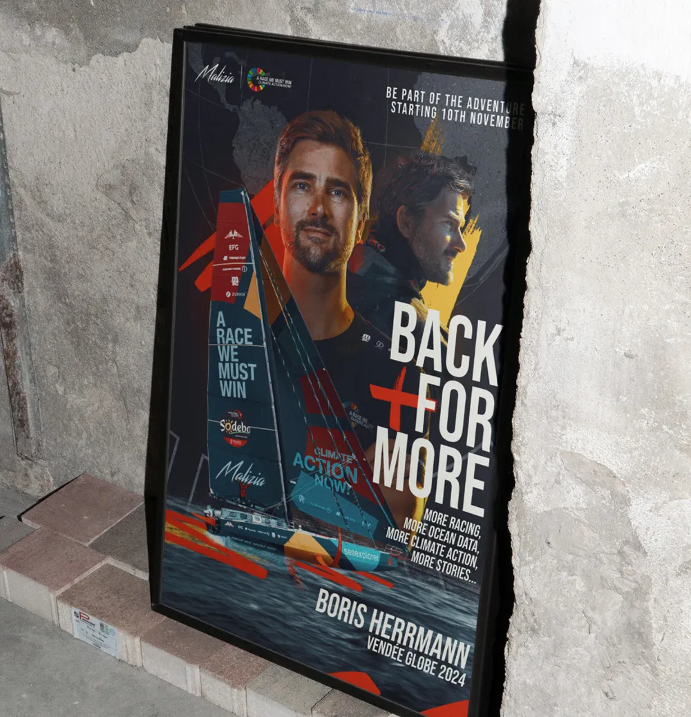 Affiche Back For More de la Team Malizia collée sur un mur de béton