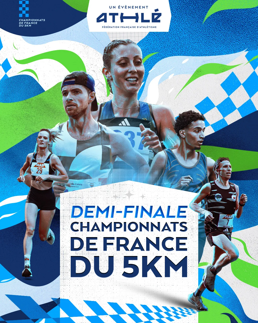 Affiche de la demi-finale des Championnats de France du 5 km, coureurs sur fond bleu et vert