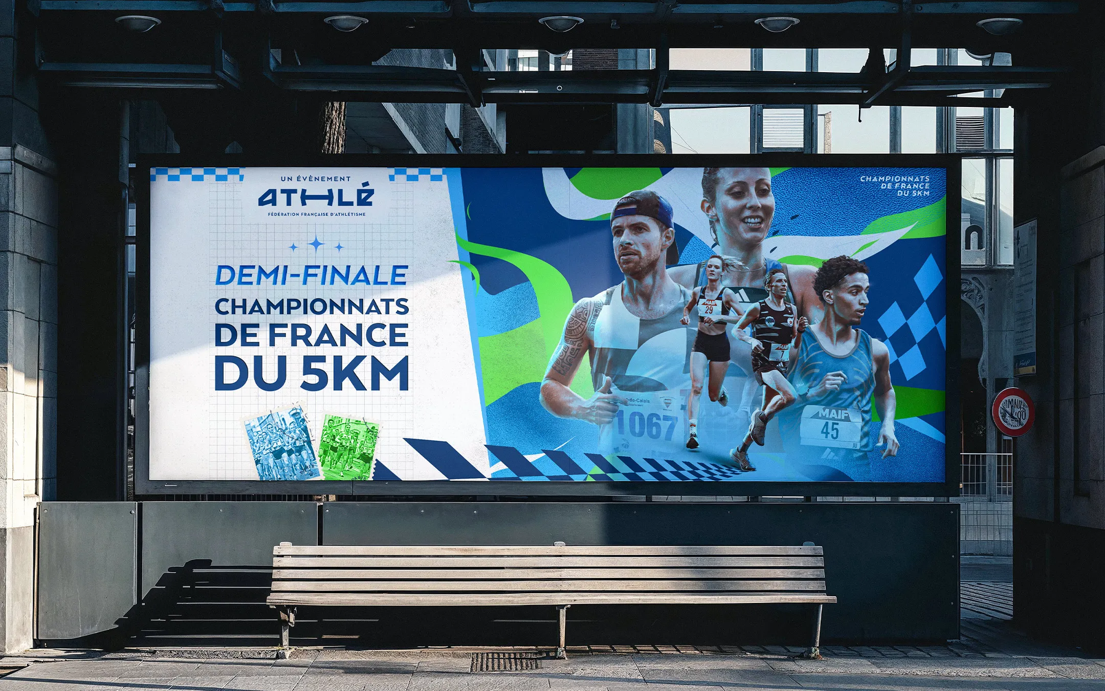 Mise en situation de l'affiche des Championnats de France du 5 km sur un panneau urbain