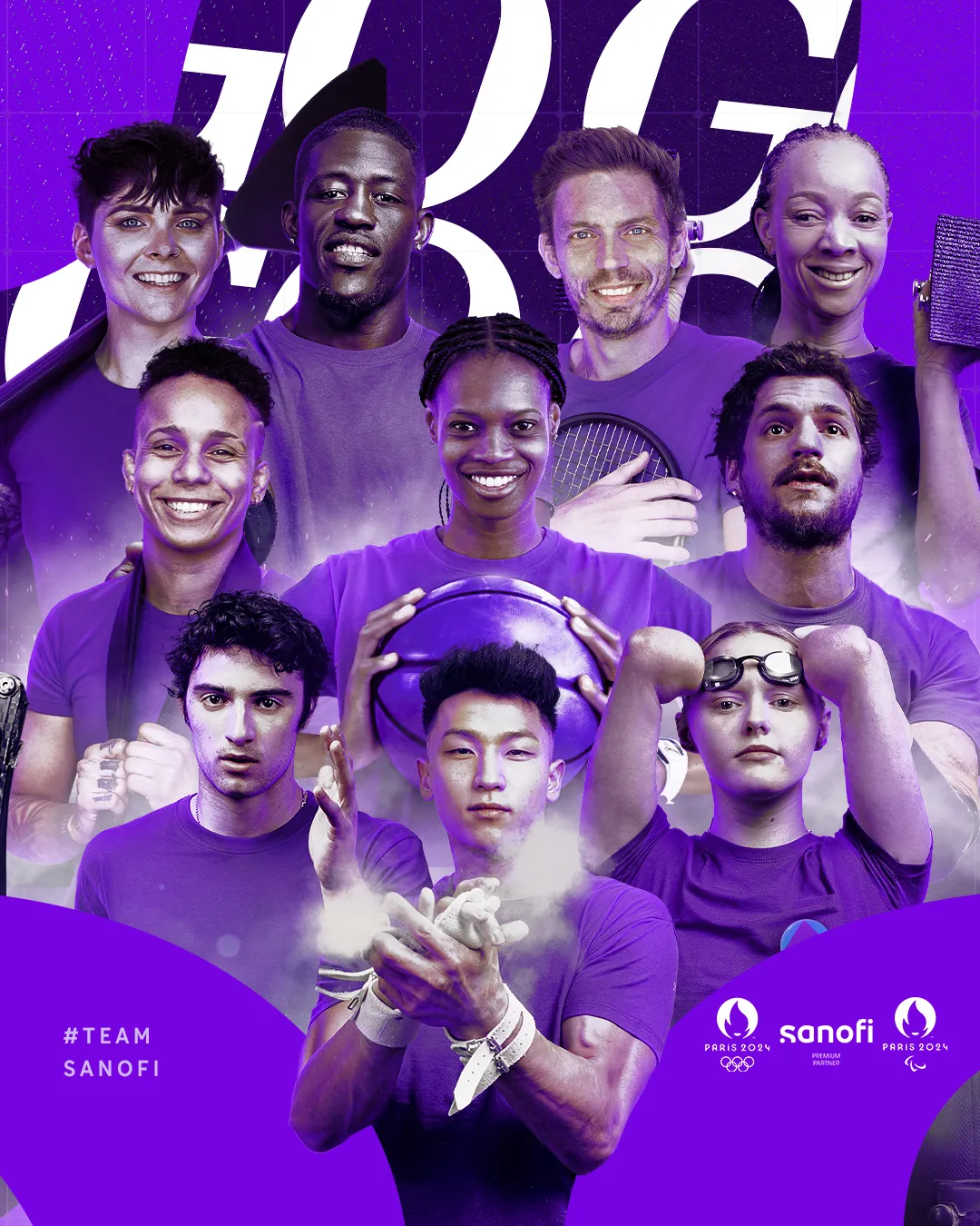 Key visual Team Sanofi pour les Jeux Olympiques et Paralympiques de Paris 2024, athlètes sur fond violet