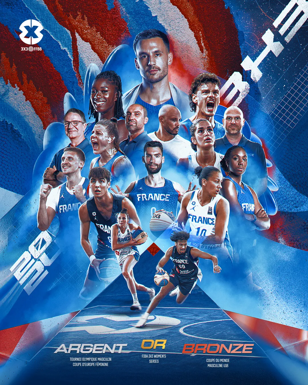 Affiche des médaillés 3x3 de la FFBB : podiums Argent, Or et Bronze de la saison 2023-24