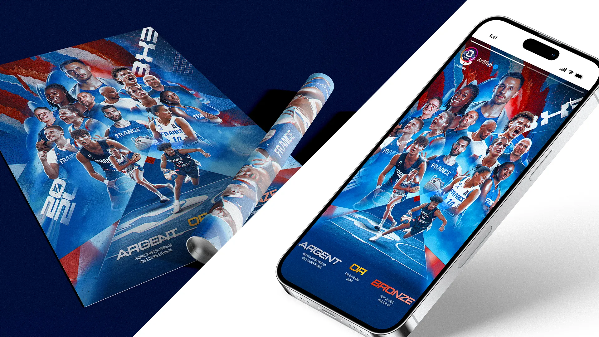 Mise en situation de l'affiche 3x3 de la FFBB en poster et sur mobile