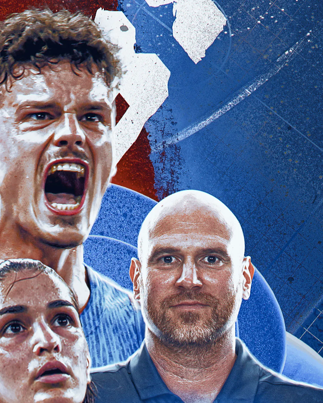 Portraits serrés des joueurs de l'équipe de France 3x3, traitement bleu et rouge