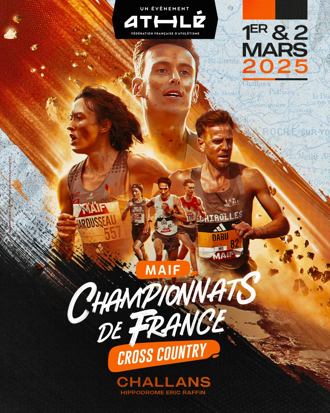 Affiche des Championnats de France de Cross Country 2025 à Challans, coureurs dans la boue